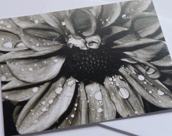 Dahlia // Black and White Flower Photography Greetings Card // Flower Card // Blank Greeting Card // Note Card - Flower And Rain