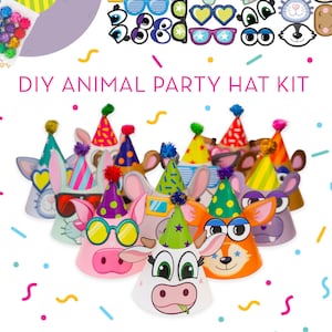 PACK OF 12 Cone Birthday Hats, DIY Animal Themed Hats, Craft Kit