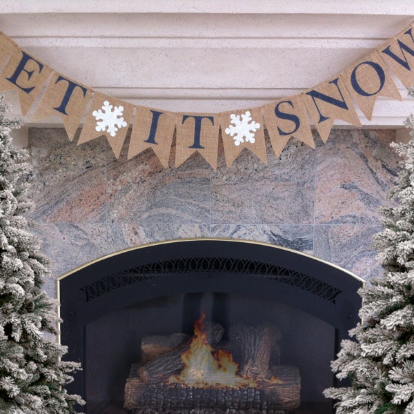 Let it Snow Burlap Banner with Glittered Snowflakes  | Christmas Mantel Banner, Winter Banner