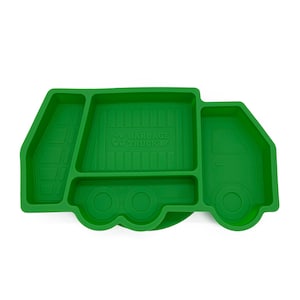 Garbage Truck Kids Plate - Suction Base - Divided Toddler Dinnerware - Microwave and Dishwasher Safe - Baby and Toddler Plates - Green