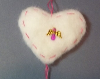 White Needle Felted Heart with Light Pink Angel Bead ornament