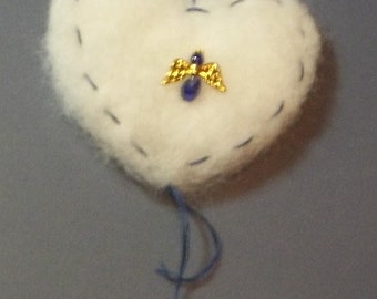 White Needle Felted Heart with Blue Angel Bead Ornament