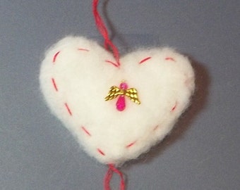 White Needle Felted Heart with Pink Angel Bead ornament