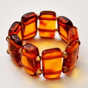 Natural Polished Baltic Amber Ring - Stretch Flexible Size - Cognac Color