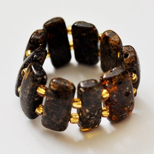 Natural Polished Baltic Amber Ring - Stretch Flexible Size - Natural Green Color