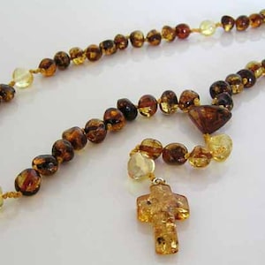 Real Baltic Amber Rounded Baroque Beads Christian Catholic Rosary - Cognac Brown Color / Multicolor
