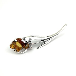 Flower Brooch Decorated With Natural Baltic Amber Stone