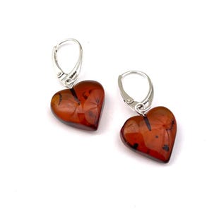 Genuine Baltic Amber Earrings Heart Shaped - Cognac Color