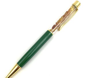 Ballpoint Pen Filled With Natural Amber Stones | Dark Green