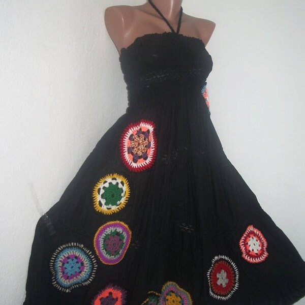 Boho Gypsy Skirt Dress, Crochet Long Skirt, Boho Cotton Skirt, Crochet Necklace Gift,Hippie,Bohemian,Colourful Skirt Dress, Boho Dress, OOAK