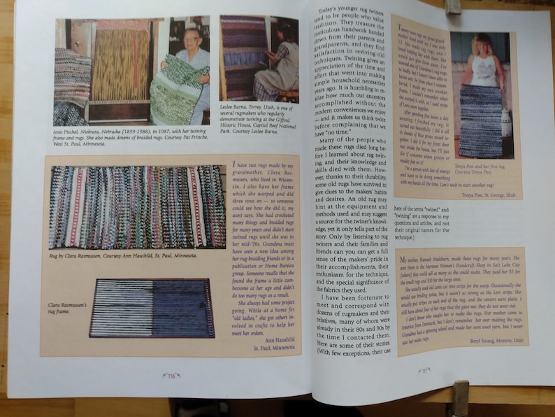May include: A collection of colorful braided rag rugs made from recycled fabric scraps. The rugs are displayed on a table and are various sizes and patterns. The text "Rug by Clara Rasmussen, Courtesy Ann Hanshuhl, St. Paul, Minnesota" is visible in the image.
