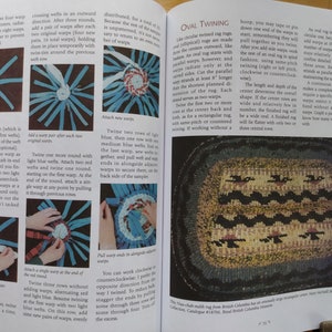 May include: A close-up of a book page with instructions on how to make an oval rug using the twining technique. The page includes illustrations of the steps involved in the process, along with a photo of a finished oval rug.