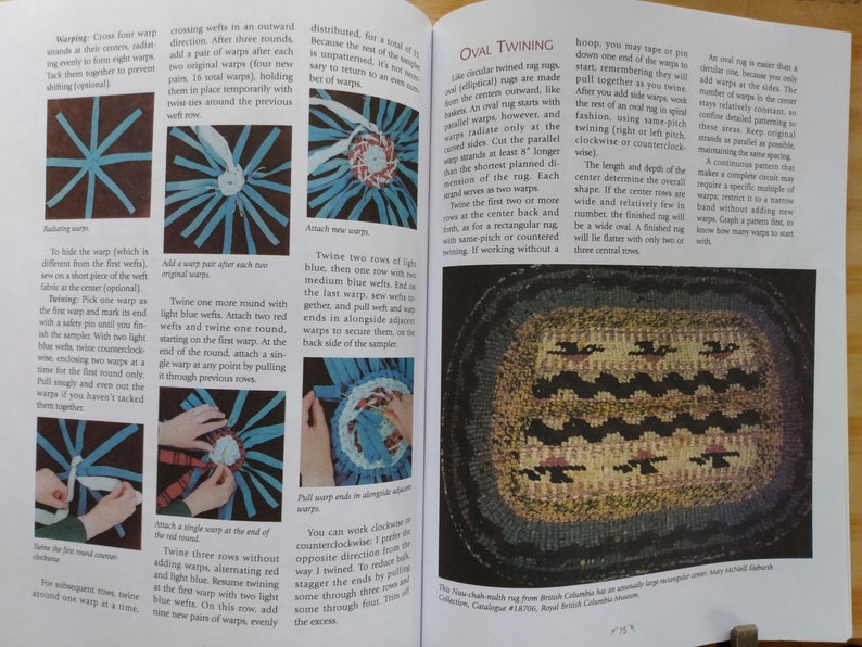 May include: A close-up of a book page with instructions on how to make an oval rug using the twining technique. The page includes illustrations of the steps involved in the process, along with a photo of a finished oval rug.