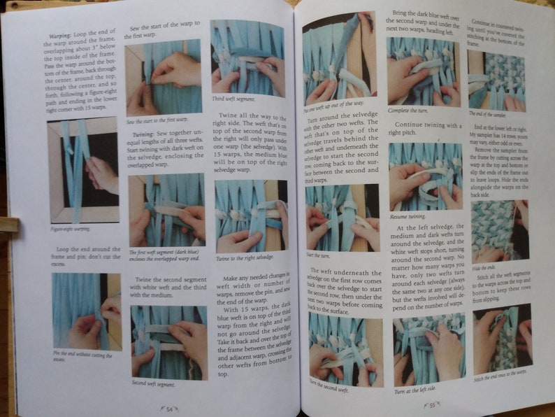 May include: A step-by-step guide on how to weave a rug using a frame loom. The instructions include detailed images of each step, showing how to weave the warp and weft threads together to create a finished rug.
