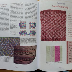 May include: A close-up of a book page showing a sample of a woven rug made with a technique called "same-pitch twining". The rug is made with pink and white fabric strips and has a slightly textured surface. The text on the page describes the technique and the materials used to create the rug.