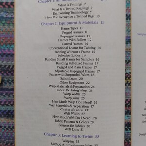 May include: A book titled "Contents" with a table of contents for a book about rag rug twining. The book covers topics such as an introduction to twining, equipment and materials, learning to twine, warping, and weft joins.
