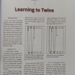 May include: A book page with illustrations and text explaining how to warp string for weaving. The text includes the terms "Continuous Warp", "Pegged Frame", and "Unpegged Frame".