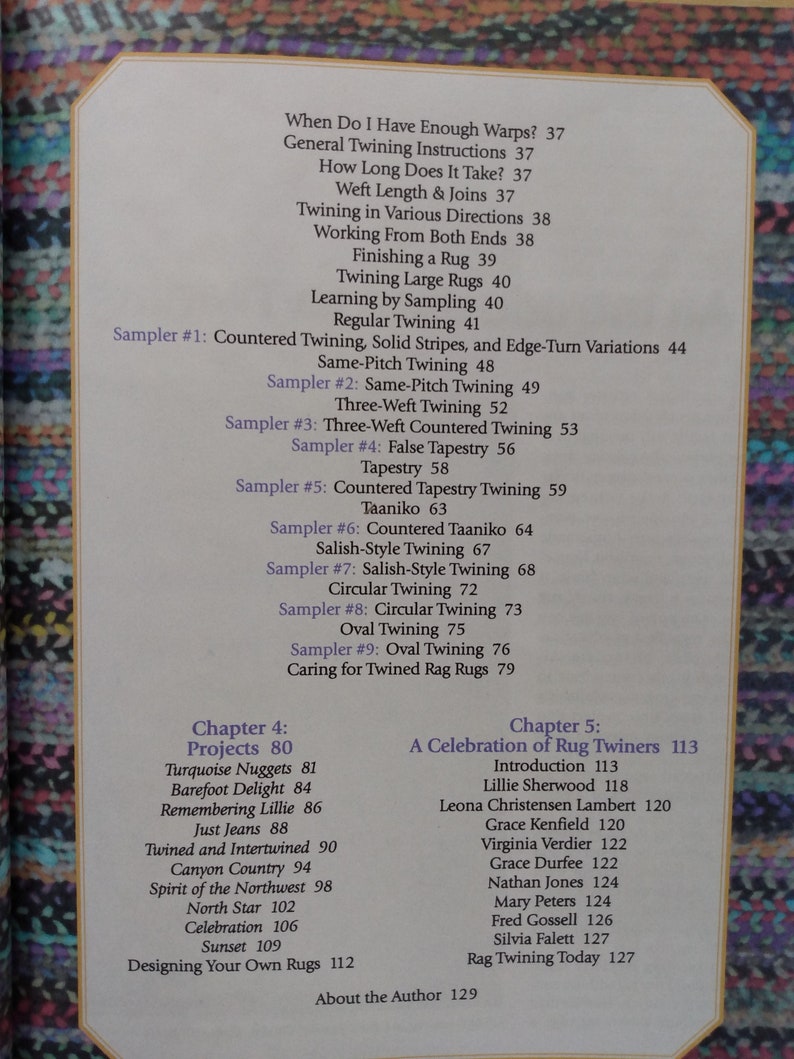 May include: A book cover with the title "A Celebration of Rug Twiners" and a list of names and page numbers. The book is about rug twining, a traditional craft.