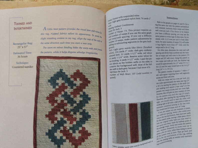 May include: A close-up of a book page showing a rug weaving pattern with instructions for a rectangular rug measuring 25 inches by 37 inches. The rug is made with a Celtic knot pattern and uses a variety of colors, including red, blue, and white.