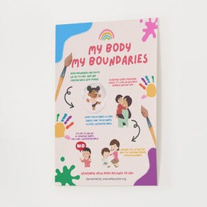 Puede incluir: Un póster con el texto "MY BODY MY BOUNDARIES" e ilustraciones sobre seguridad personal. El póster tiene un fondo rosa claro con salpicaduras de pintura coloridas, un arcoíris y una figura de dibujos animados. Incluye el texto "REMEMBER YOUR BODY BELONGS TO YOU".