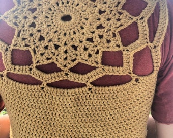 Onion Skin-Dyed Merino Wool Crochet Vest, Mandala Design XS/S
