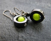 Vibrant Lime Green And Black Hematite Earrings With Titanium Nickle Free Hooks, Punk Rock Earrings, Neon Green Earrings, Polka Dot Earrings