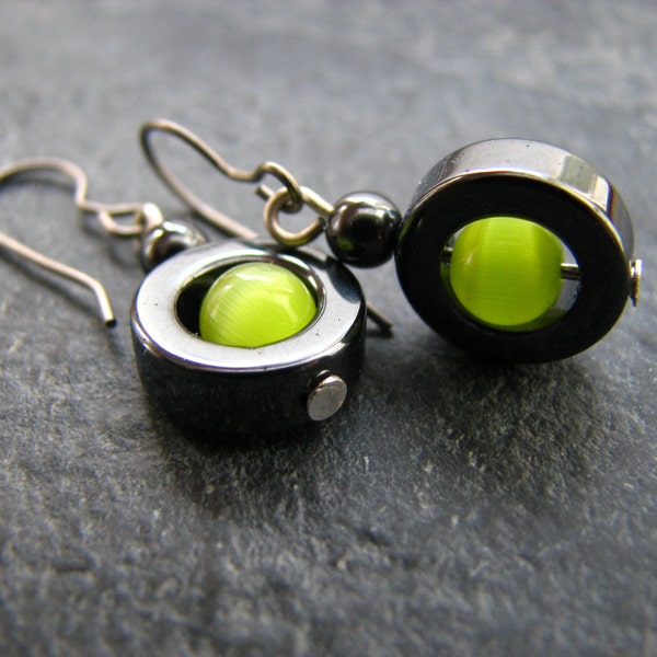 Vibrant Lime Green And Black Hematite Earrings With Titanium Nickle Free Hooks, Punk Rock Earrings, Neon Green Earrings, Polka Dot Earrings