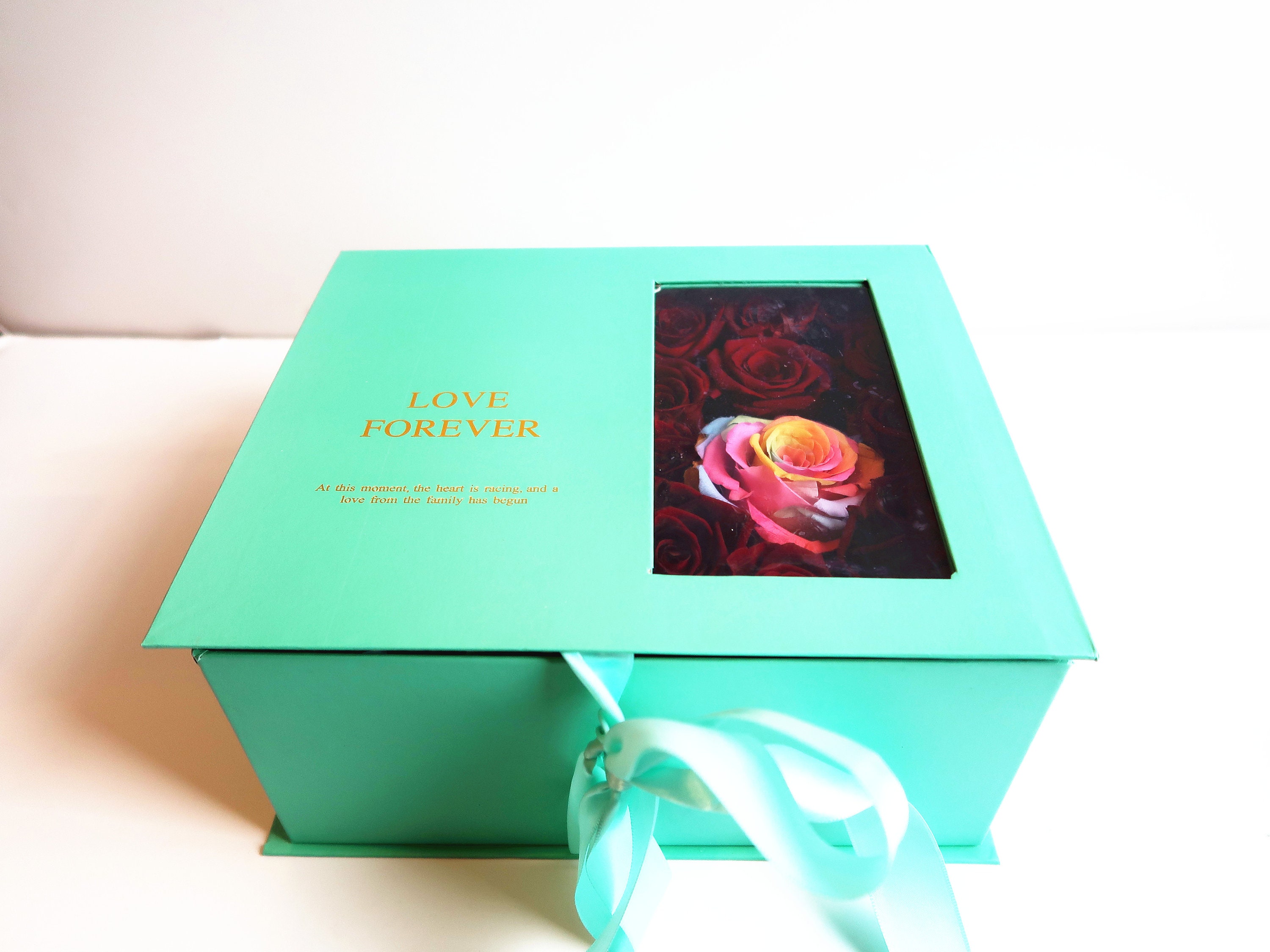 Mint Gift Box With Multi Color Large Rose Preserved Roses Wood Wick