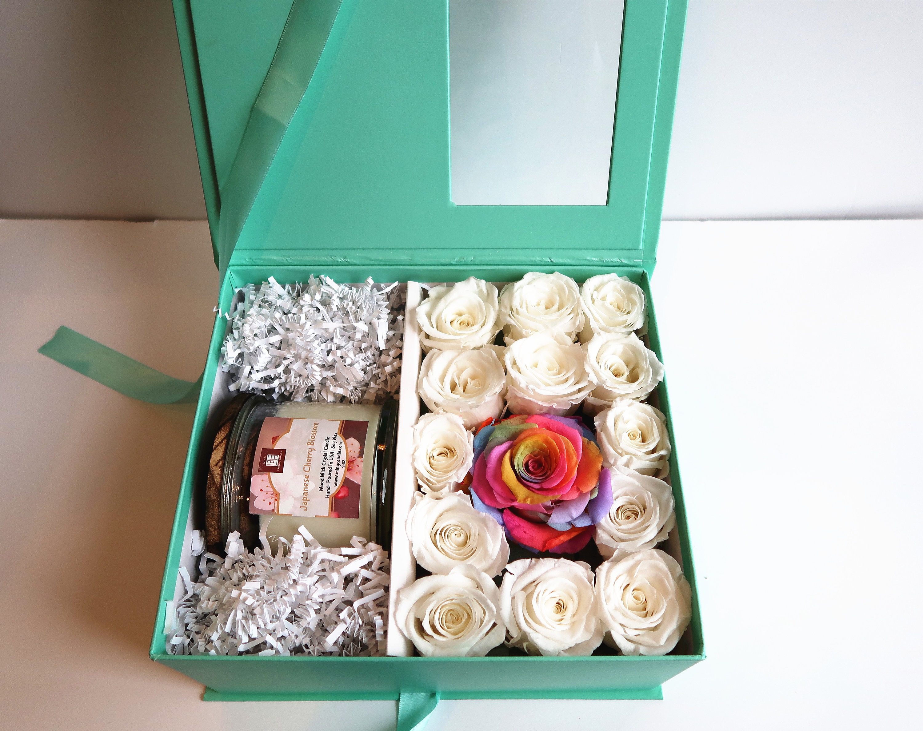 Mint Gift Box With Multi Color Large Rose Preserved Roses Wood Wick