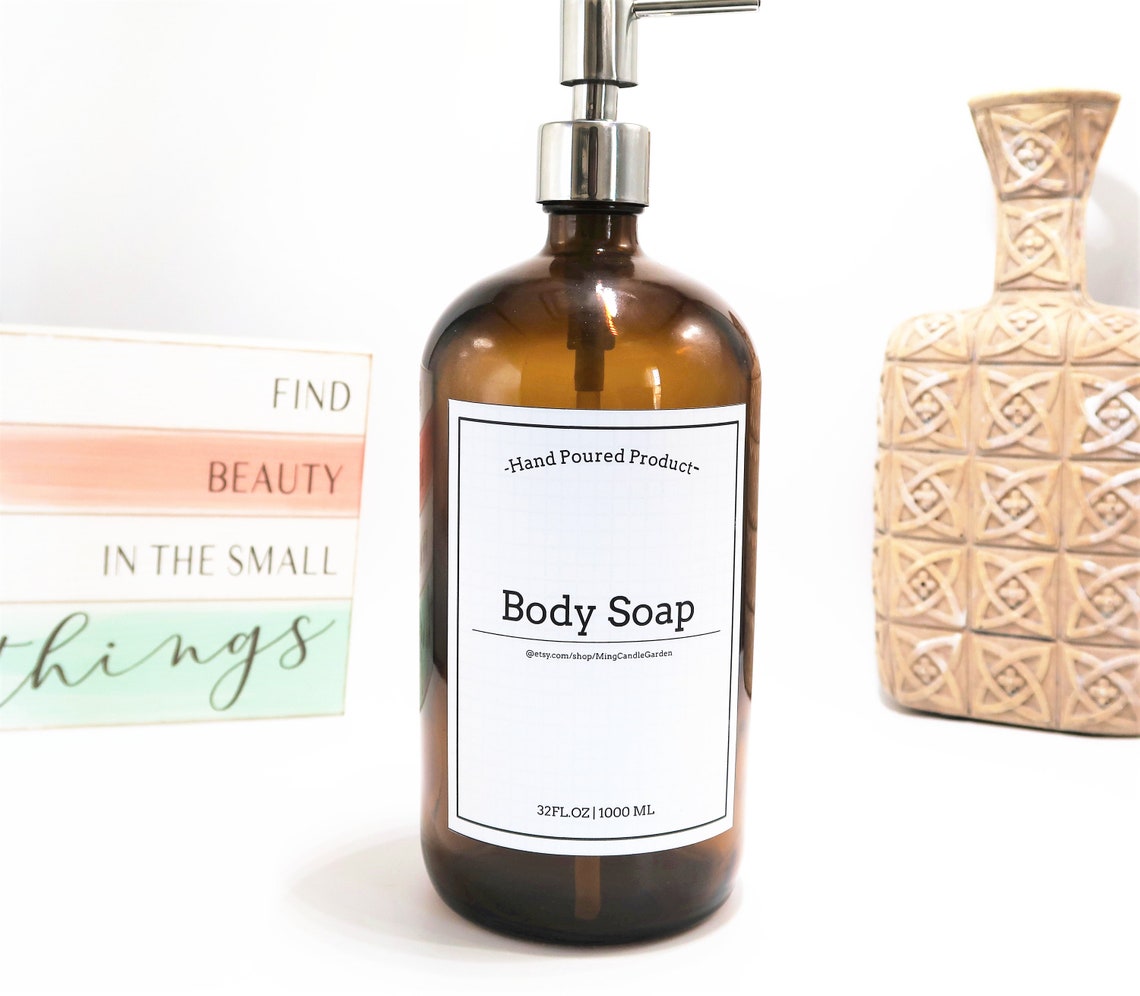 32oz Custom Labeled Amber Glass Bottle Dish Soap Detergent Body Soap