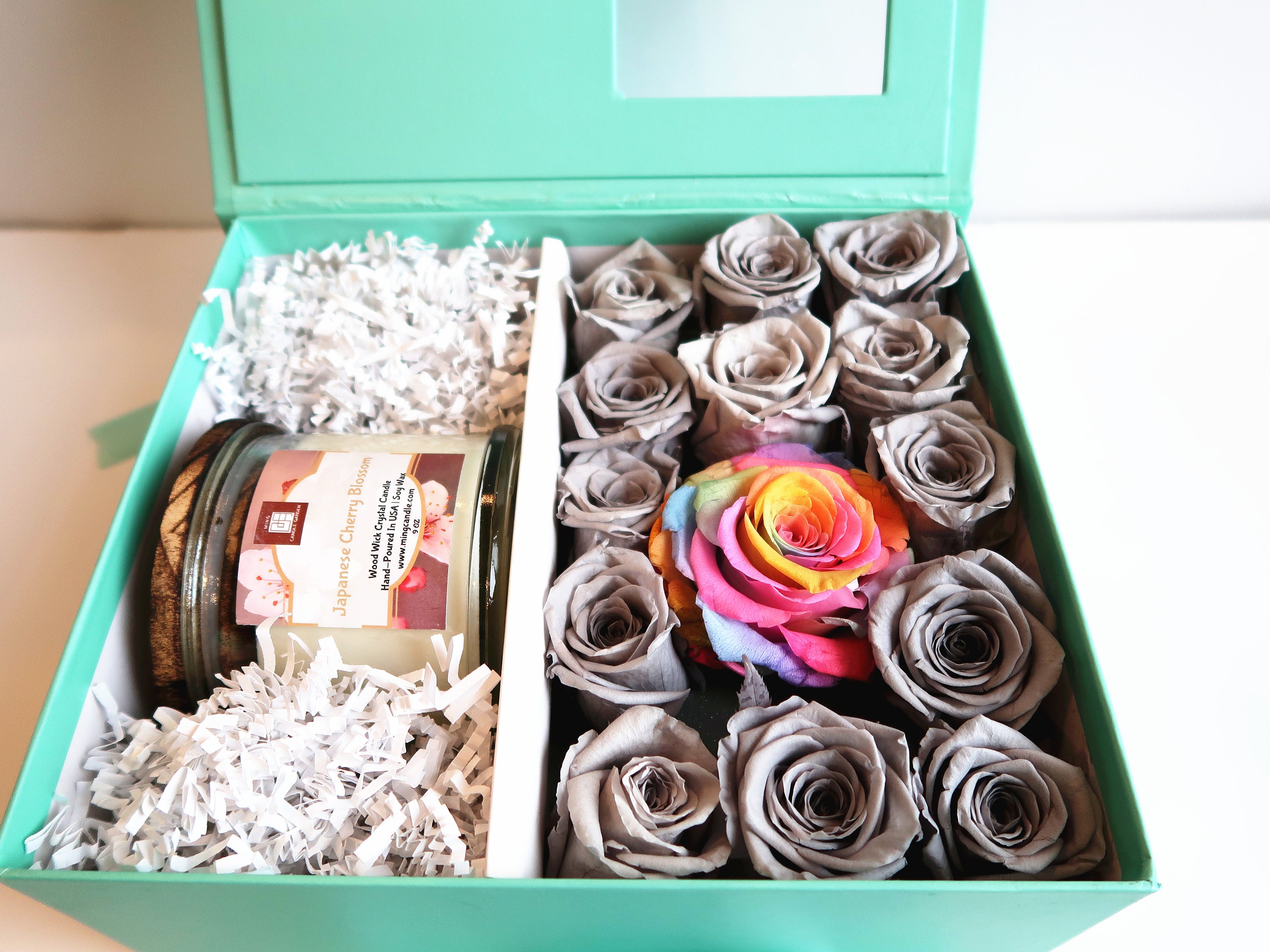 Mint Gift Box With Multi Color Large Rose Preserved Roses Wood Wick