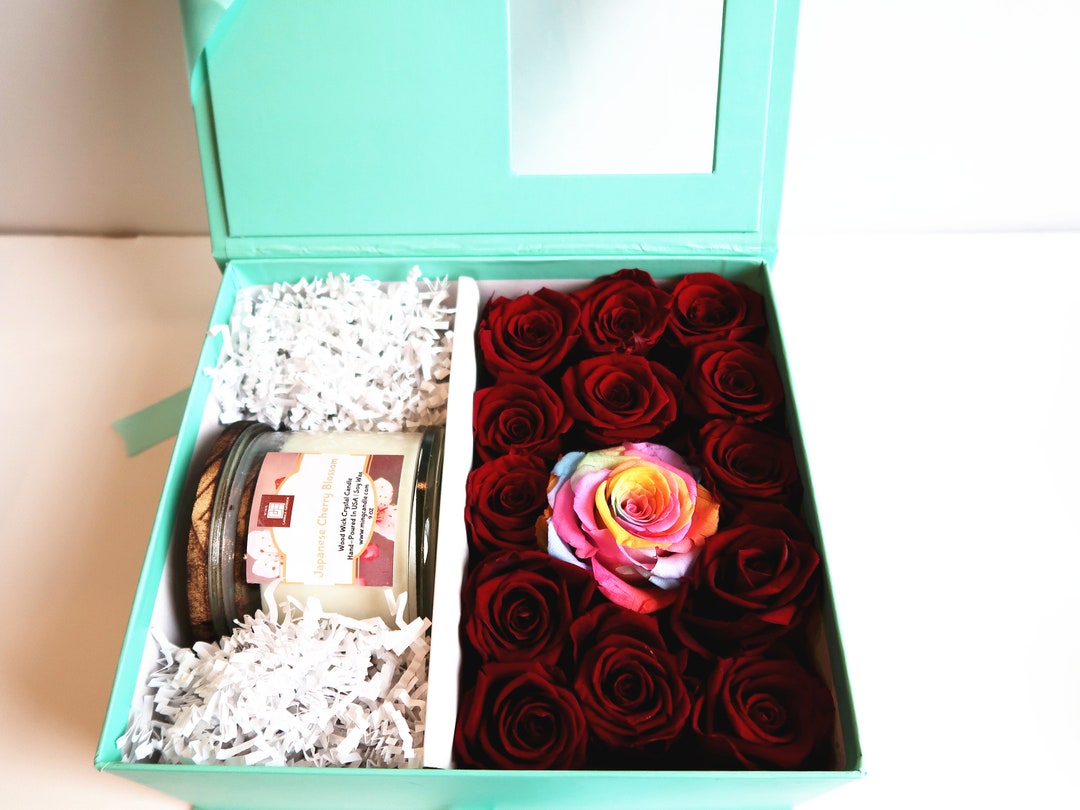 Mint Gift Box With Multi Color Large Rose Preserved Roses Wood Wick