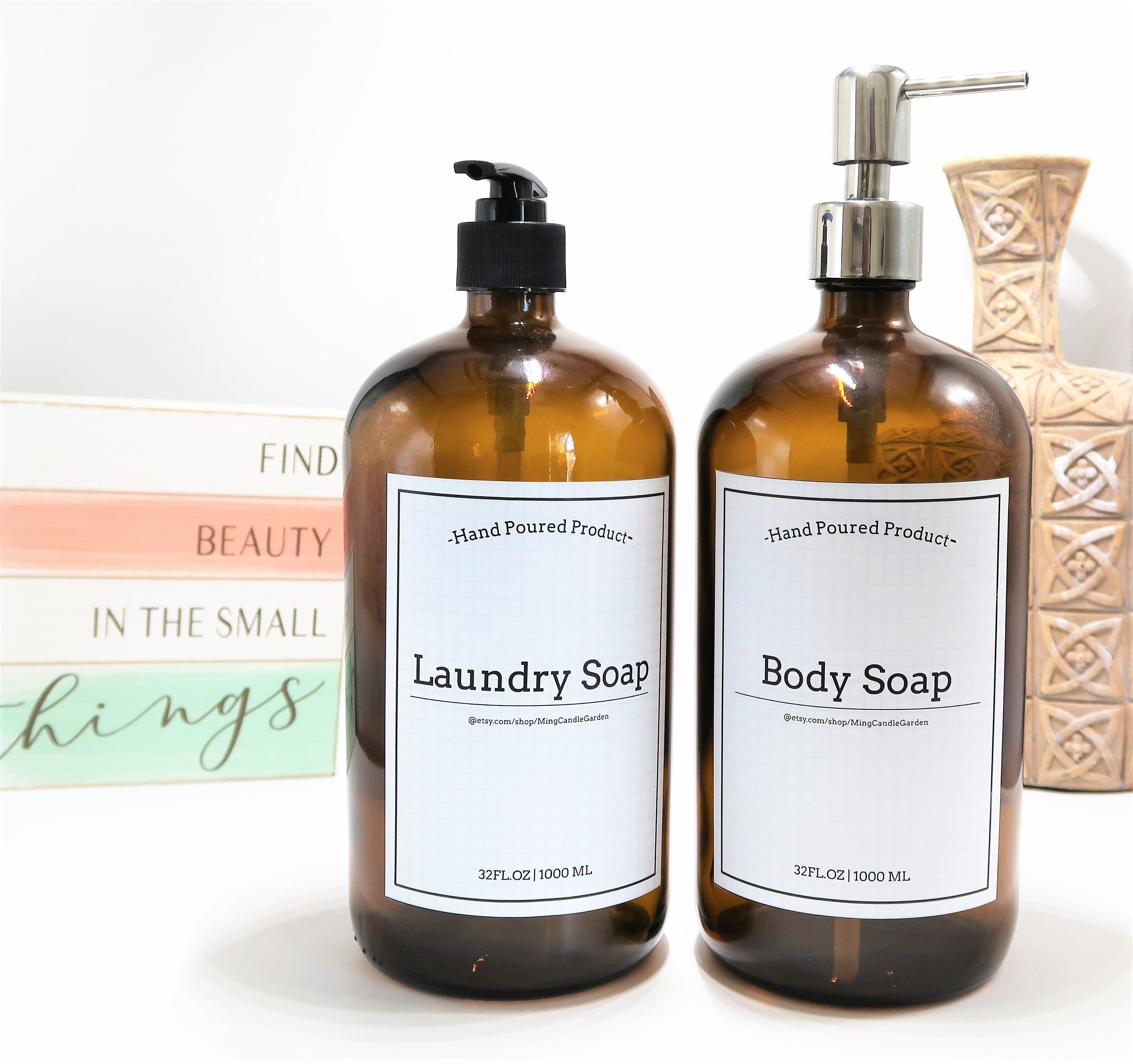 32oz Custom Labeled Amber Glass Bottle Dish Soap Detergent Body Soap