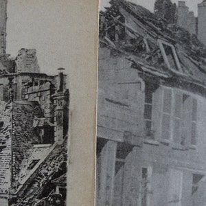 May include: A black and white photograph of a building with a damaged roof. The building is located in a city and has a tall tower in the background.