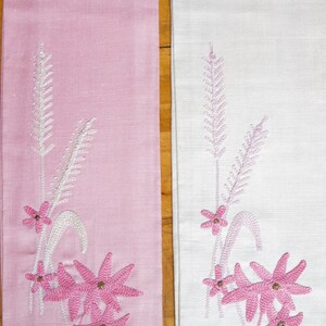 Vintage pink floral linen hand towels Embroidered Irish Linen guest towels floral embroidery decorative linens