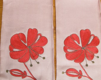 Vivid pink bright guest towels Vintage Embroidered Linen Hand Towels vintage linen home