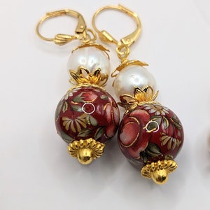 Tensha Flower Bead Dangle Earrings: Gold Plated Lever Backs, Japanese Design