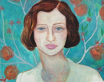 PRINT 8x10 - oil painting, portrait woman, expressionism, modern art, contemporary art, female figure, human heart, flowers