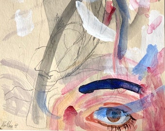 Painting of eye, Female drawing, Original figurative art, abstract painting, mixed media on paper, Contemporary Artwork