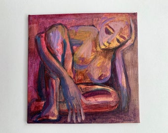 Full female figure Original figurative painting, Acrylic on canvas board, Contemporary Colorful Artwork, introspection, turning in self