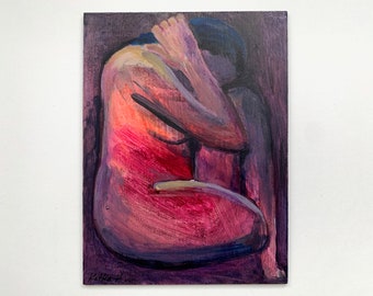 Female figure portrait, Original art, Acrylic painting on wood, Moment in Solitude, Contemporary Colorful Modern Artwork