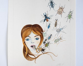 Original Watercolor Portrait - Girl Mean Talk, Bug, insects, beetles