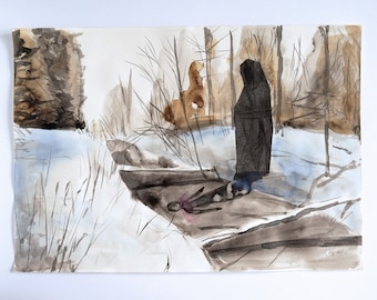 Statue in the woods - winter landscape, watercolor and collage, black, sepia, blue shadows