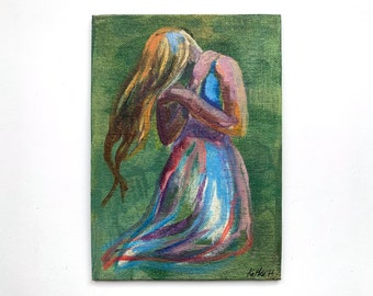 Acrylic painting on canvas board, Female portrait, Original figurative art, Contemporary Art, woman flowing dress, praying