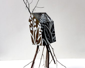 Home - wood sculpture, branches, black and white art, 3D mixed media work, feeling grounded, wood house