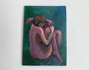 Woman nude, curled up, Original figurative painting, recovering, full female figure, Acrylic on canvas board, Contemporary Colorful Artwork