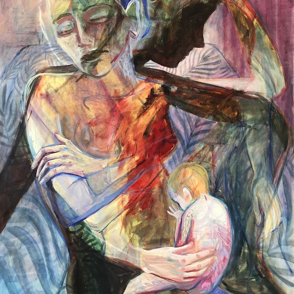 Motherhood painting, PRINT 8x10, oil painting, figurative woman, holding baby, expressionism, impressionism, contemporary art, female figure