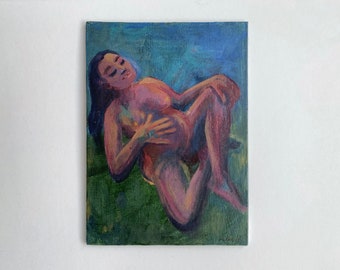 Original figurative painting, female figure, Acrylic on canvas board, Contemporary Portrait Impressionism Colorful Artwork