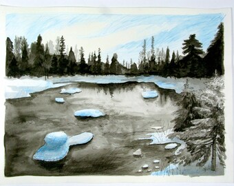 Winter Blues - watercolor and pencil landscape, black and white, blue shadows