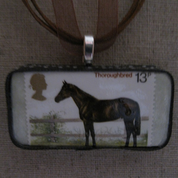 Handcrafted Vintage British Postage Stamp Stately Bay Thoroughbred Horse Pendant